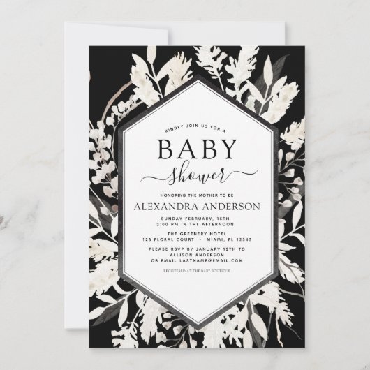 Boho Beige Black Botanisch Baby shower Kaart (Voorkant)