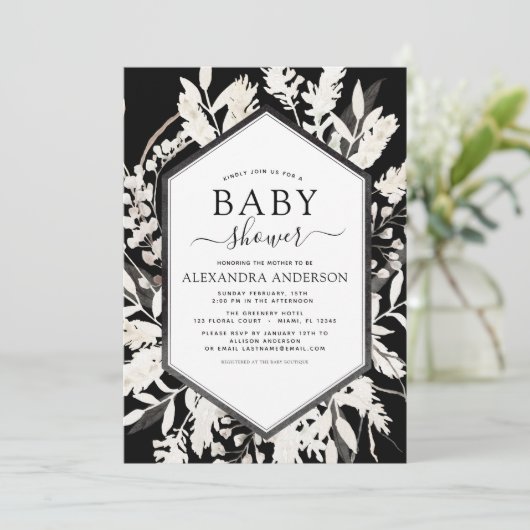 Boho Beige Black Botanisch Baby shower Kaart (Staand voorkant)