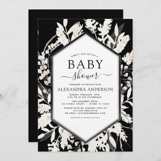 Boho Beige Black Botanisch Baby shower Kaart (Voorkant / Achterkant)