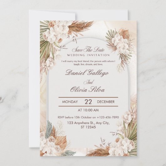 Boho Beige Bloem Crème All-in-One Trouw Kaart (Voorkant)
