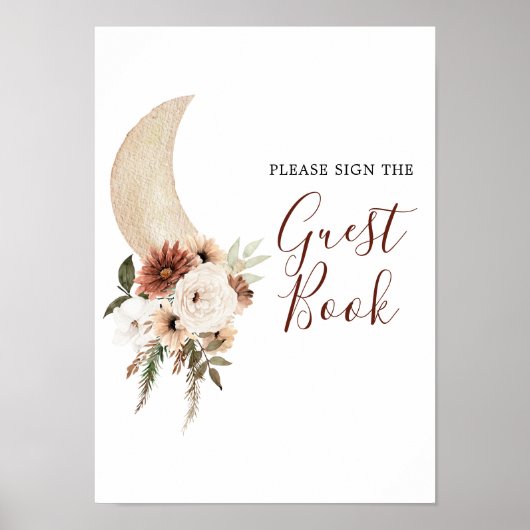 Boho Beige Bloem Maankleed Baby Shower Gastboek Poster (Voorkant)