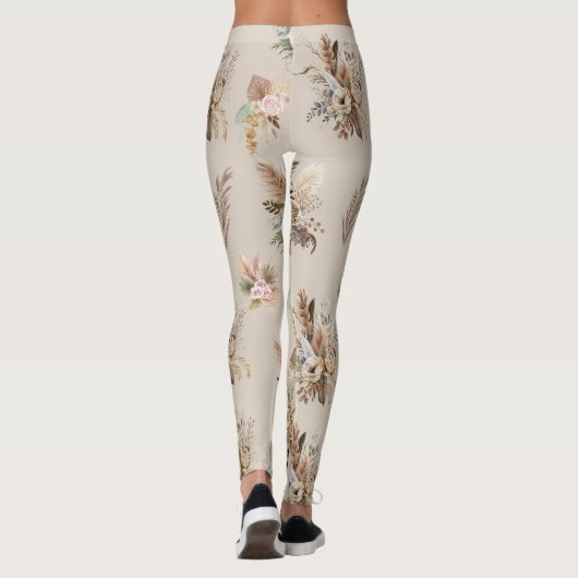 Boho Beige Bloemen Botanisch Roze Groene Bloemen Leggings (Achterkant)