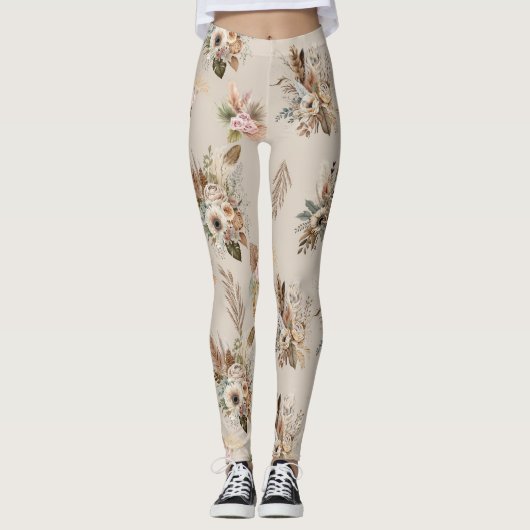Boho Beige Bloemen Botanisch Roze Groene Bloemen Leggings (Voorkant)