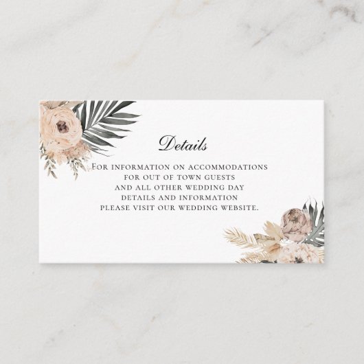 Boho Beige Bloemen Bruiloft Details Behuizing Kaar Informatiekaartje (Voorkant)