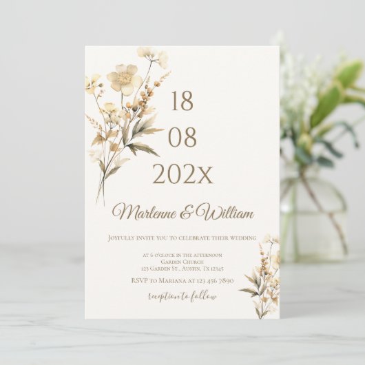Boho beige bloemen bruiloft kaart (Staand voorkant)