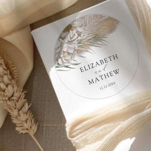 Boho Beige Bloemen Bruiloft Ronde Sticker
