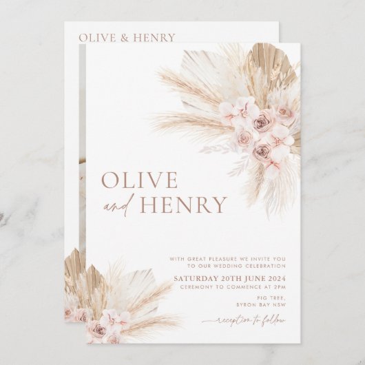 Boho Beige Bloemen Pampas Bruiloft Uitnodiging OLI (Voorkant / Achterkant)