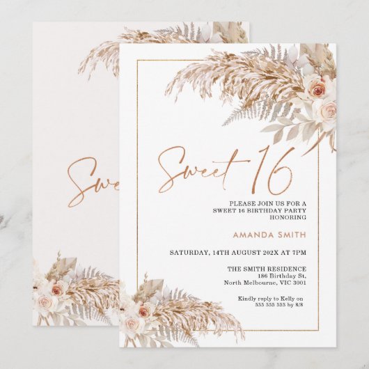 Boho Beige Bloemen Pampas Grass 16e Verjaardag Kaart (Voorkant / Achterkant)