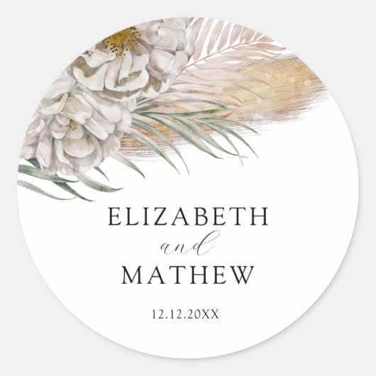 Boho Beige Bloemige Bruiloft Ronde Sticker (Voorkant)