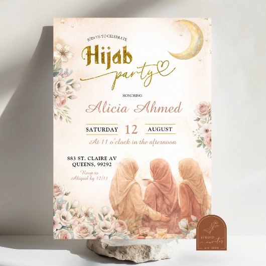 Boho Beige Bloemrijke Hidjab Feest Kaart