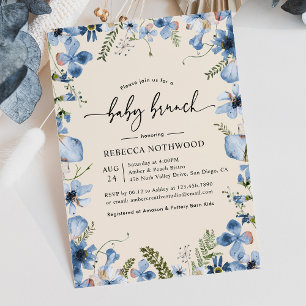 Boho Beige Blue Floral Baby Boy Brunch Shower Kaart