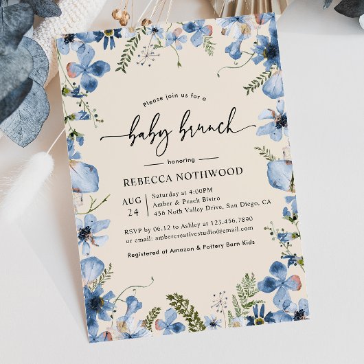 Boho Beige Blue Floral Baby Boy Brunch Shower Kaart