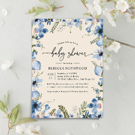 Boho Beige Blue Floral Boy Baby shower Invitation Kaart