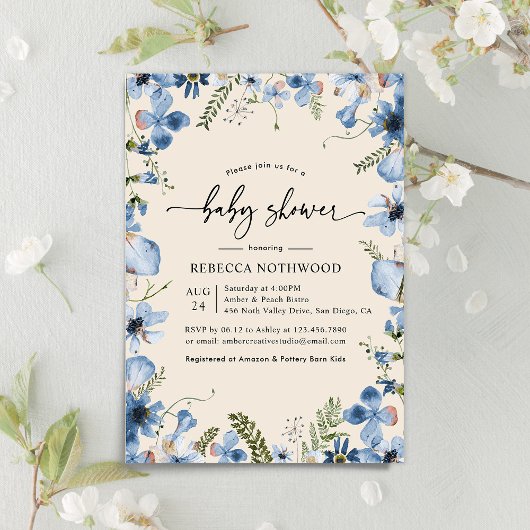 Boho Beige Blue Floral Boy Baby shower Invitation Kaart