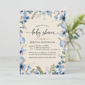 Boho Beige Blue Floral Boy Baby shower Invitation Kaart (Staand voorkant)