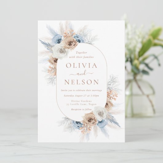 Boho Beige & Blue Floral Lijst bruiloft Kaart (Staand voorkant)