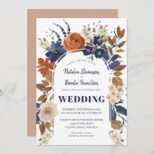 Boho Beige Blue Rust Floral Wedding Invitation Kaart (Voorkant / Achterkant)