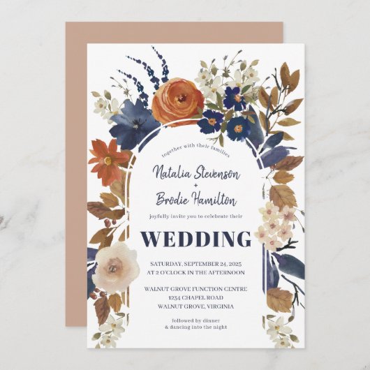 Boho Beige Blue Rust Floral Wedding Invitation Kaart (Voorkant / Achterkant)