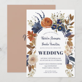 Boho Beige Blue Rust Floral Wedding Invitation Kaart