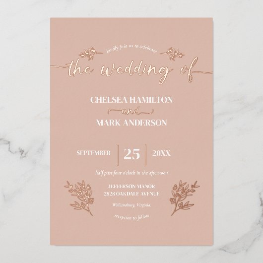 Boho beige blush trendy script bruiloft folie uitnodiging (Voorkant)