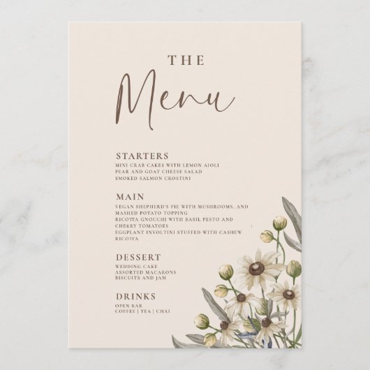 Boho Beige Botanisch Trouwmenu Menu (Voorkant)