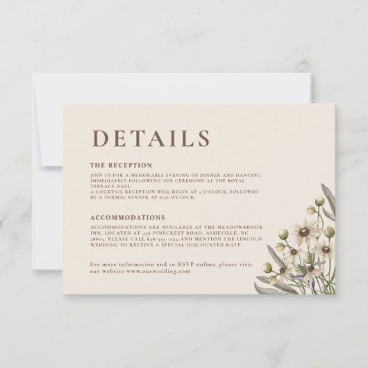 Boho Beige Botanische bruiloft details Notitiekaartje (Voorkant)