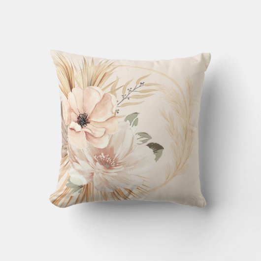 Boho Beige Bruine Waterverf Bloemen Palmen Kussen (Voorkant)