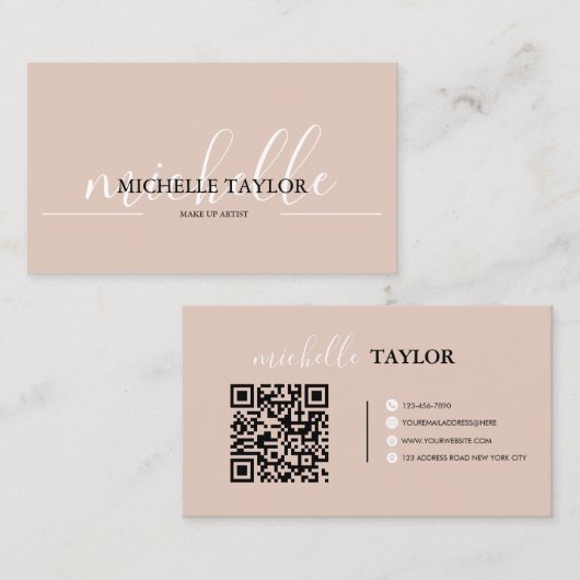 Boho Beige Calligrafie Script QR-code  Visitekaartje (Voorkant / Achterkant)
