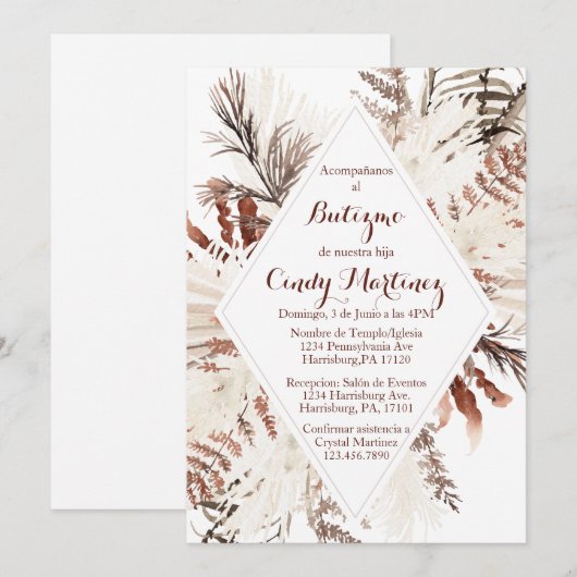 Boho beige doop uitnodiging voor meisje (Voorkant / Achterkant)