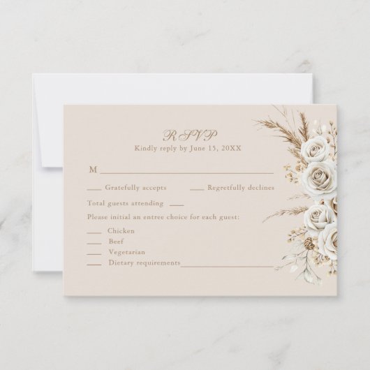 Boho Beige Dried Flower and White Roses Wedding RSVP Kaartje (Voorkant)