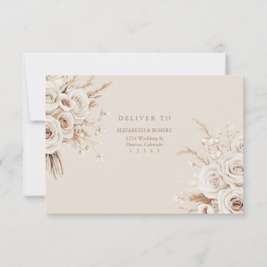 Boho Beige Dried Flower and White Roses Wedding RSVP Kaartje (Achterkant)