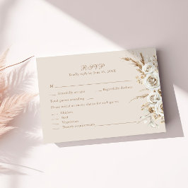 Boho Beige Dried Flower and White Roses Wedding RSVP Kaartje
