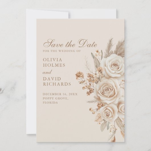 Boho Beige Dried Flowers and Roses Wedding  Save The Date (Voorkant)