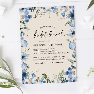 Boho Beige Dusty Blue Floral Bridal Brunch Shower Kaart