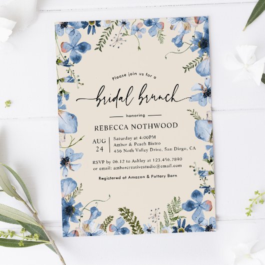Boho Beige Dusty Blue Floral Bridal Brunch Shower Kaart