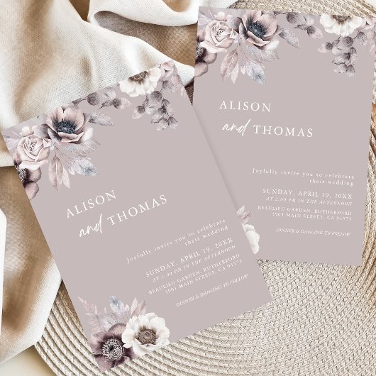 Boho Beige & Dusty Mauve Floral Wedding Invitation Kaart