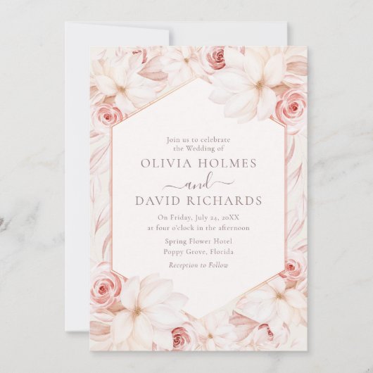 Boho Beige en Blush Roze Bloemen Bruiloft Kaart (Voorkant)