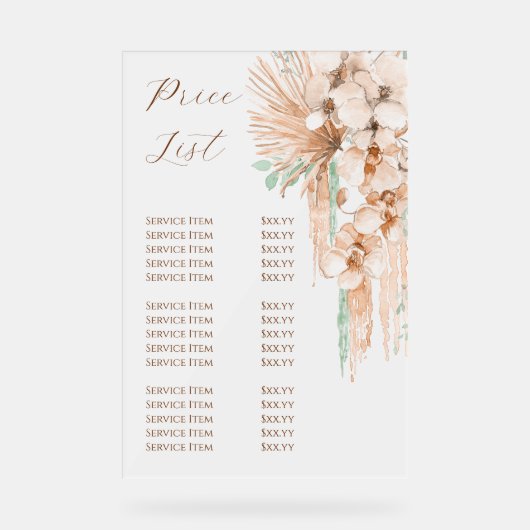 Boho Beige en Mint prijslijst Acryl Bord (Voorkant)