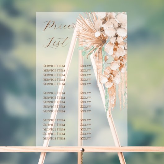 Boho Beige en Mint prijslijst Acryl Bord (Neutraal)