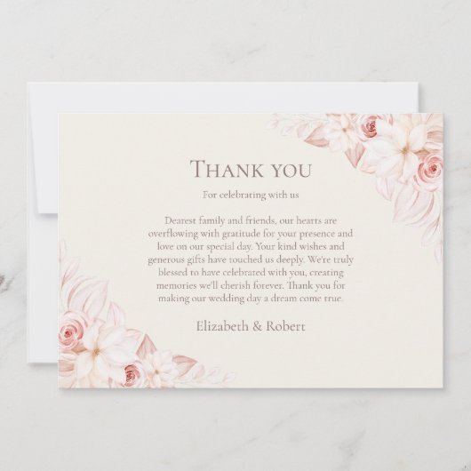 Boho Beige en Roze Rozen Bruiloft Bedankkaart (Voorkant)