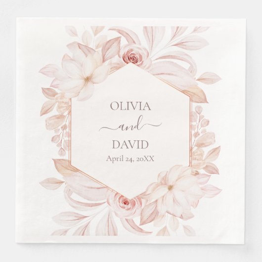 Boho Beige en roze rozen bruiloft servetten (Voorkant)