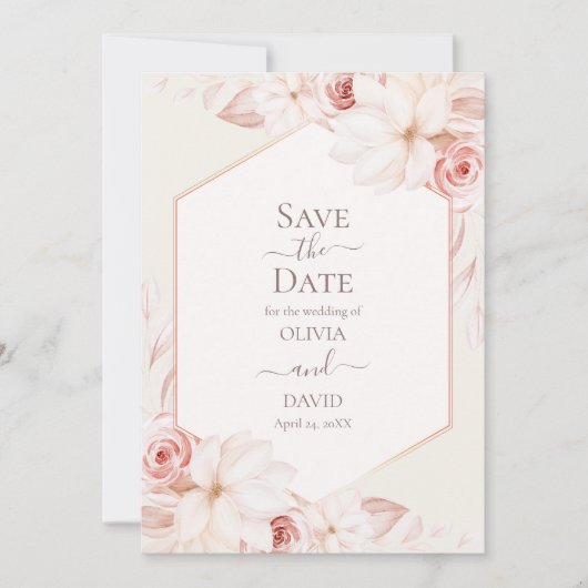 Boho Beige en roze rozen Save the Date Kaart (Voorkant)