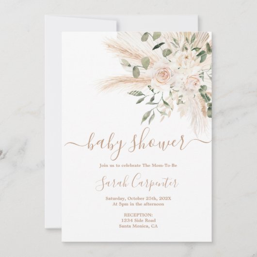 Boho Beige floral Baby shower Invitation Kaart (Voorkant)