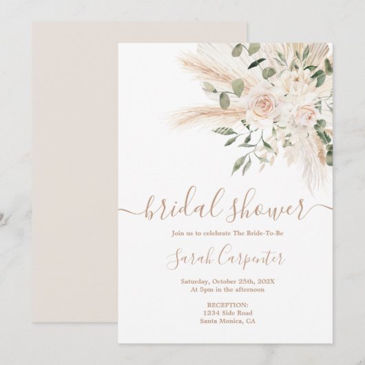 Boho Beige floral Bridal Shower Invitation Kaart (Voorkant / Achterkant)