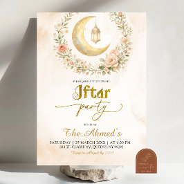 Boho Beige Floral Crescent Ramadan Iftar Party Kaart