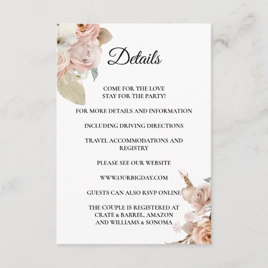 Boho Beige floral Enclosure Card Details Informatiekaartje (Voorkant)