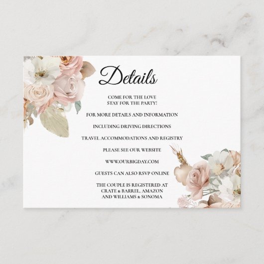 Boho beige Floral Enclosure Card Details Informatiekaartje (Voorkant)