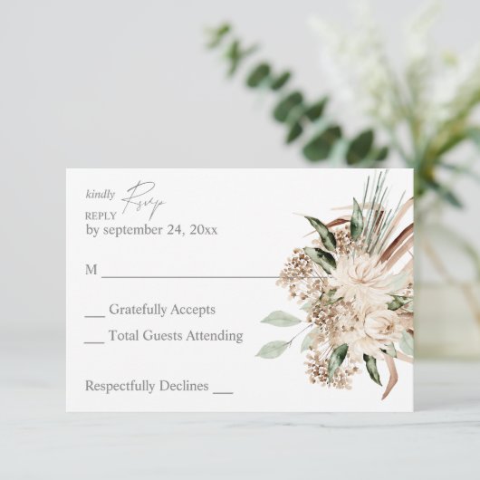 Boho Beige Floral geen Maaltijd RSVP-kaart RSVP Kaartje (Staand voorkant)