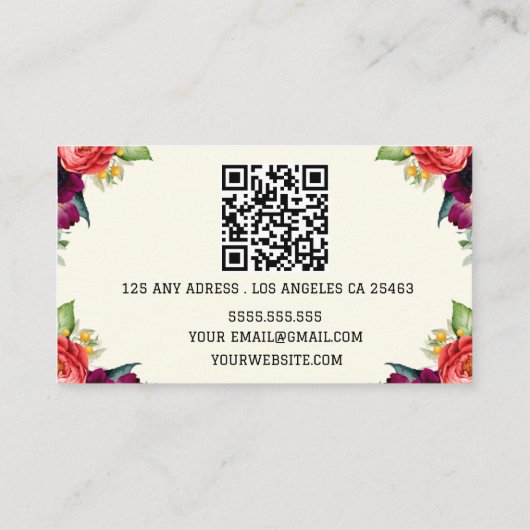 Boho Beige Floral Kalligrafie Script QR-code Visitekaartje (Achterkant)
