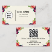 Boho Beige Floral Kalligrafie Script QR-code Visitekaartje (Voorkant / Achterkant)